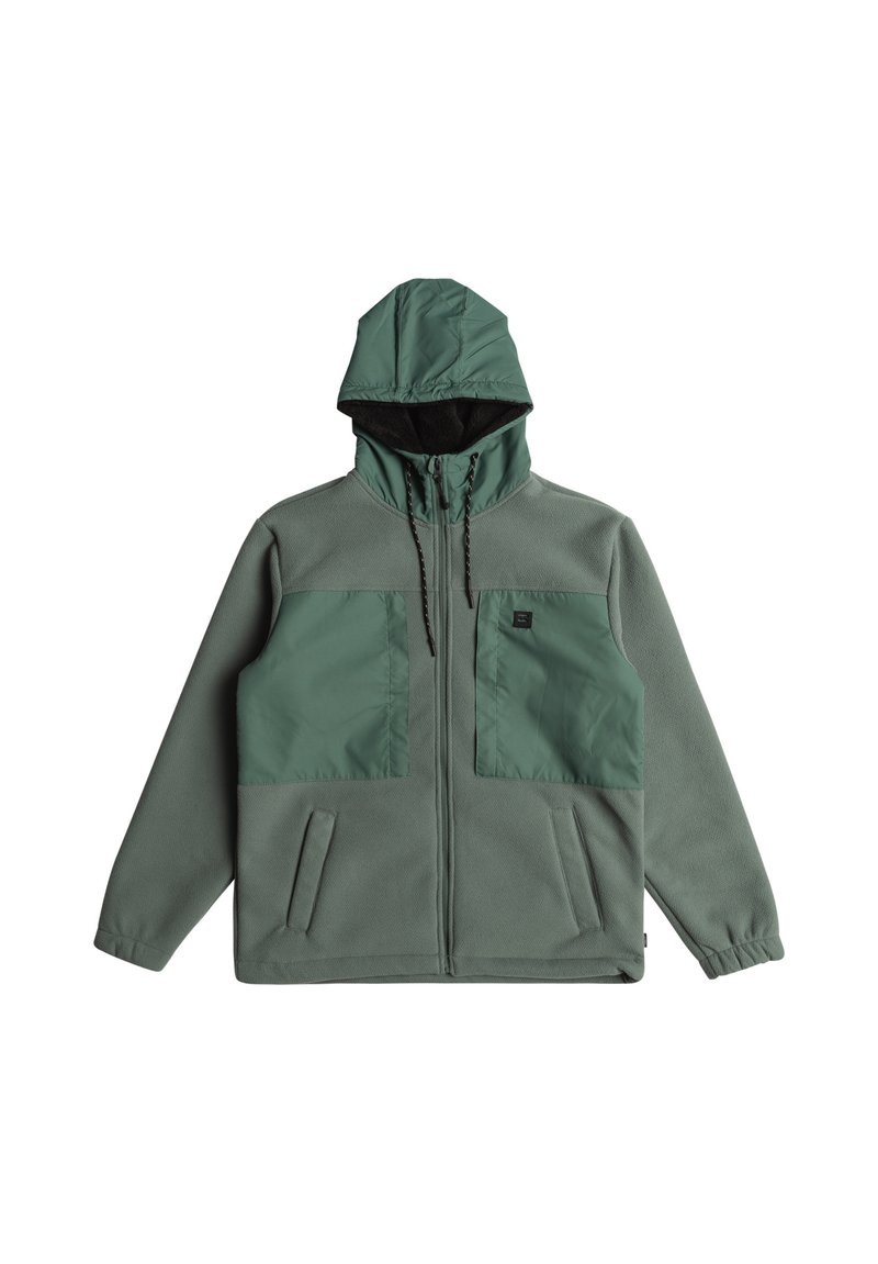 Hooded fleecejacka i mjuk grön, med kontrasterande mörkgröna bröstfickor, sidofickor och en dragsko i huvan.