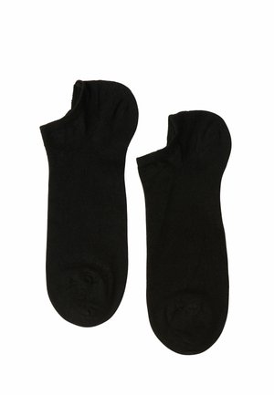Calcetines negros hasta el tobillo hechos de una tela suave y elástica con una textura lisa y punteras redondeadas. Diseño sencillo sin patrones ni adornos.
