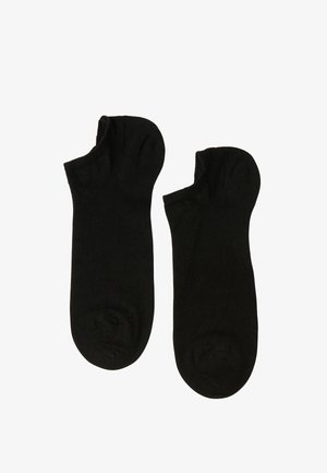 Sorte ankelsokker lavet af blødt, strækbart stof med en glat tekstur og afrundede tæer. Simpelt design uden mønstre eller pynt.