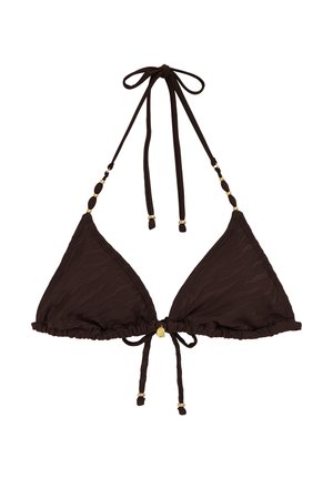 Donkerbruine driehoekbikinitop met halternekbandjes, gouden kralenaccenten en een subtiel textuurpatroon op de stof.
