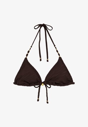 Donkerbruine driehoekbikinitop met halternekbandjes, gouden kralenaccenten en een subtiel textuurpatroon op de stof.