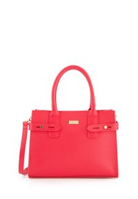 Red textured leather handbag with short handles, a detachable strap, and gold hardware accents. Features a rectangular shape and buckle details.