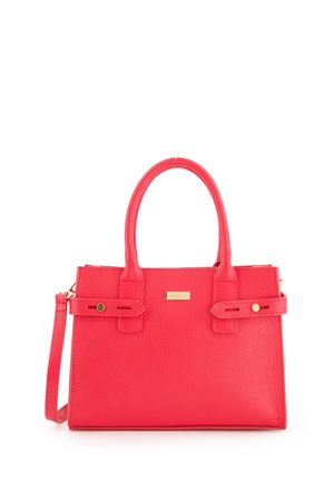 Red textured leather handbag with short handles, a detachable strap, and gold hardware accents. Features a rectangular shape and buckle details.