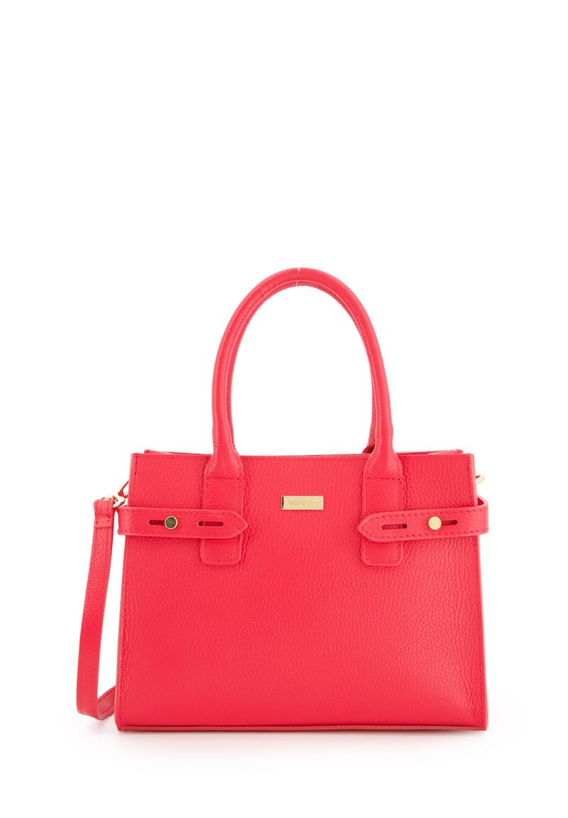 Red textured leather handbag with short handles, a detachable strap, and gold hardware accents. Features a rectangular shape and buckle details.