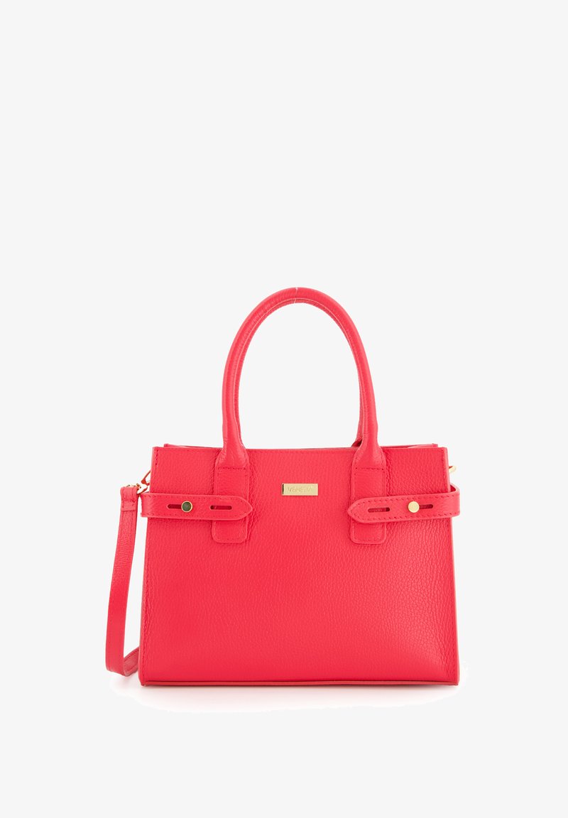 Red textured leather handbag with short handles, a detachable strap, and gold hardware accents. Features a rectangular shape and buckle details.