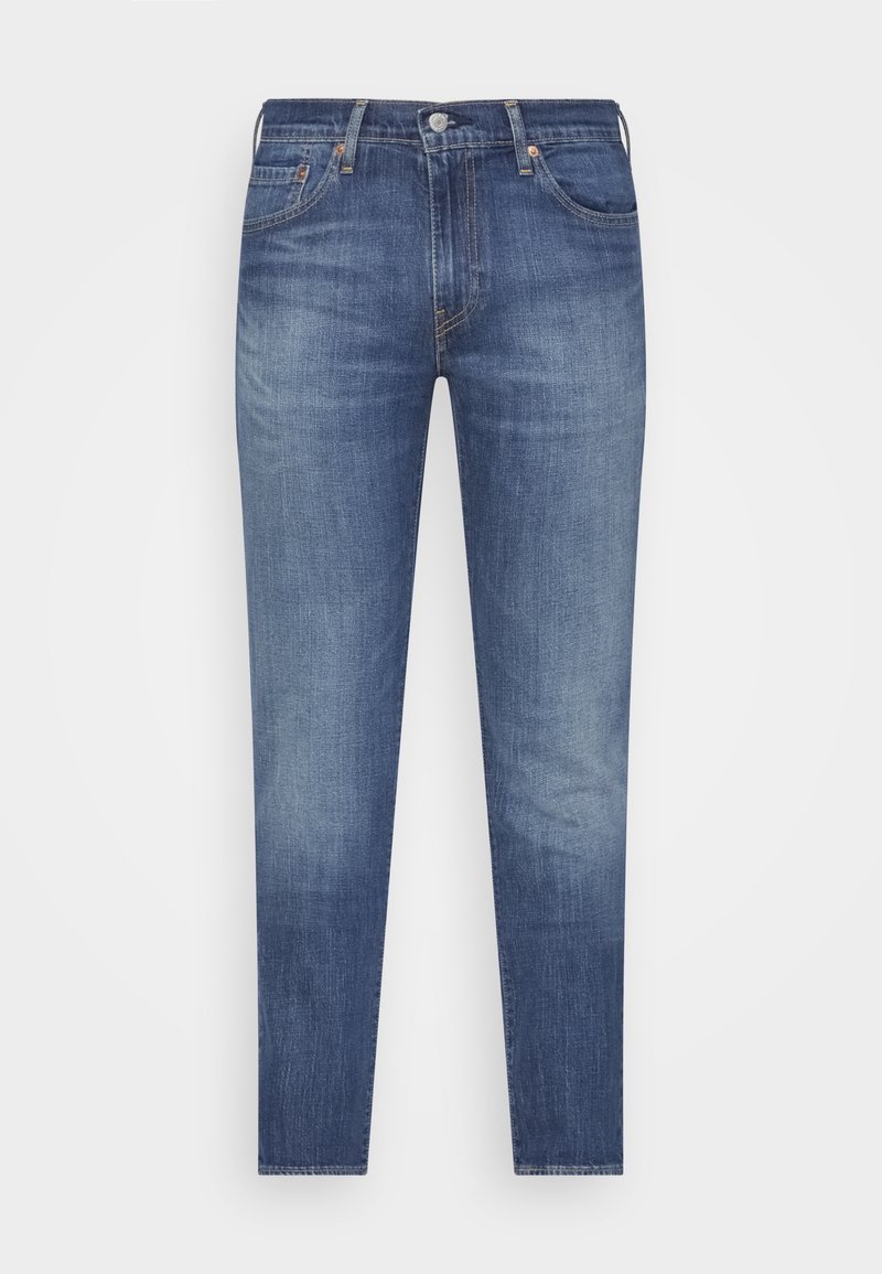 Blå denimjeans med slim fit, med en klassisk femfickdesign, knäppning och subtil blekning längs benen.