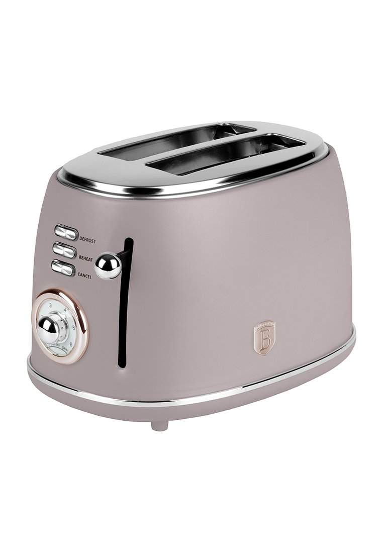Toaster in mattem Pink mit verchromten Akzenten. Verfügt über zwei Slots, Regler zur Bräunungskontrolle und Tasten für Auftauen, Wiedererhitzen und Abbrechen.
