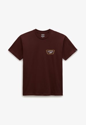Ciemnoczerwony t-shirt Vans z krótkim rękawem i okrągłym dekoltem, z małym żółtym logo Vans i grafiką deskorolki na lewej piersi.