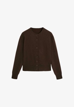 Bruine lange mouwen cardigan met een ronde hals en een sluiting met knopen aan de voorkant. Gemaakt van zachte stof met een gladde textuur en een minimalistisch ontwerp.