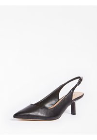 Scarpa slingback nera con punta affusolata, tomaia in pelle texturizzata e tacco basso a blocco. Presenta una cinghia alla caviglia regolabile per una vestibilità sicura.