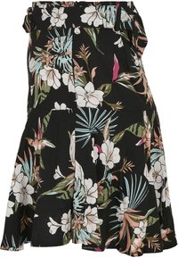 Svart blomsterrundkjole med tropiske plante mønstre i pastellfarger. Volangdetalj i livet og flared design med plisserte detaljer.