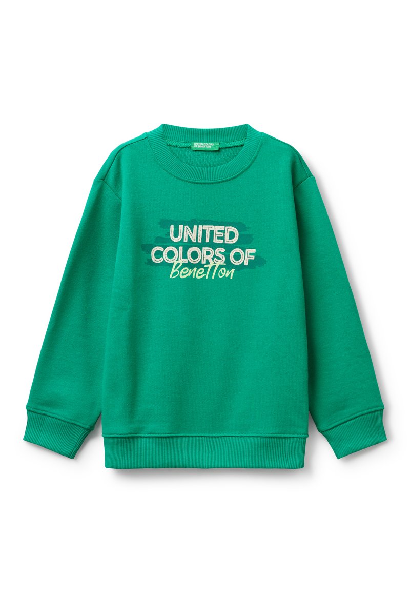 Zelená bavlněná mikina se širokým výstřihem, žebrovanými manžetami a spodním lemem. Na přední straně je v bílé a zelené barvě vytištěn nápis "UNITED COLORS OF Benetton".