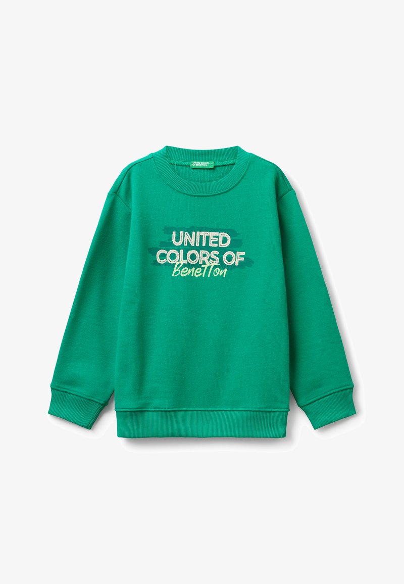 Sudadera de algodón verde con cuello redondo, puños y dobladillo de canalé. En la parte frontal aparece impreso "UNITED COLORS OF Benetton" en blanco y verde.
