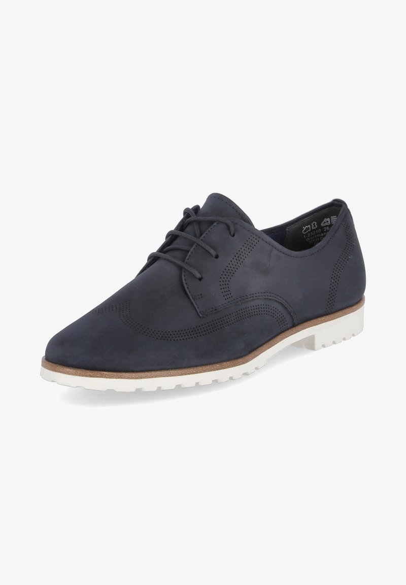 Chaussure Oxford en daim bleu marine avec détails perforés, bout rond, lacets à quatre œillets et semelle en caoutchouc blanche à finition texturée.