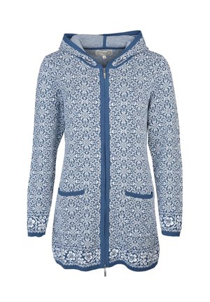 Blau-weiß gemusterte Kapuzenjacke mit Reißverschluss und Fleecefutter, ausgestattet mit zwei vorderen Taschen und einem kontrastierenden blauen Reißverschluss.