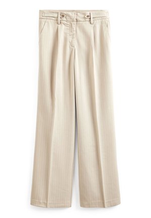 Pantaloni beige a gamba dritta con sottili righe verticali a spillo, patta con bottone in vita, tasche laterali e chiusura frontale con cerniera.