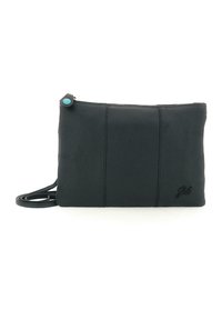 Borsa a tracolla in pelle nera con finitura testurizzata, dotata di chiusura con cerniera e bottone decorativo turchese. Misura circa 25 cm di larghezza.