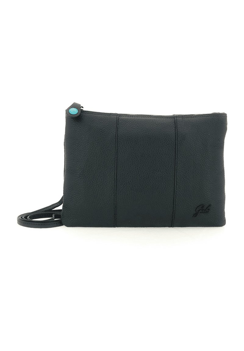 Borsa a tracolla in pelle nera con finitura testurizzata, dotata di chiusura con cerniera e bottone decorativo turchese. Misura circa 25 cm di larghezza.
