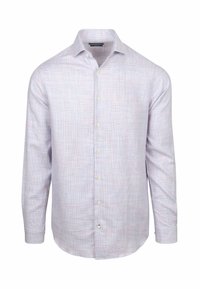 Geruite blouse met lange mouwen in lichte kleuren met een patroon van blauw, roze en wit. Heeft een klassieke kraag en een sluiting met knopen aan de voorkant.