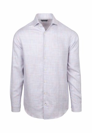 Geruite blouse met lange mouwen in lichte kleuren met een patroon van blauw, roze en wit. Heeft een klassieke kraag en een sluiting met knopen aan de voorkant.