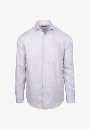 Geruite blouse met lange mouwen in lichte kleuren met een patroon van blauw, roze en wit. Heeft een klassieke kraag en een sluiting met knopen aan de voorkant.