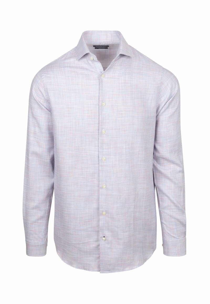 Geruite blouse met lange mouwen in lichte kleuren met een patroon van blauw, roze en wit. Heeft een klassieke kraag en een sluiting met knopen aan de voorkant.