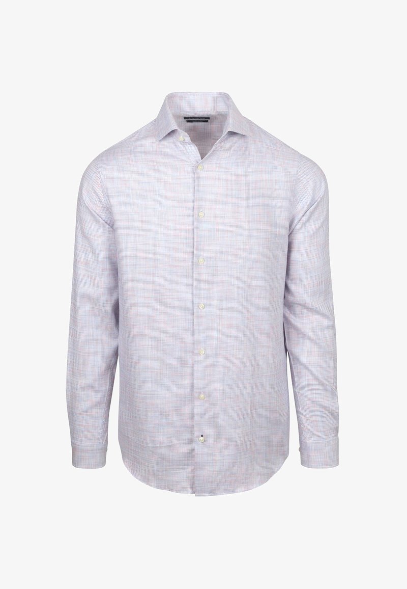 Langärmliges, kariertes Hemd in hellen Farben mit blauem, rosanem und weißem Muster. Verfügt über einen klassischen Kragen und eine vordere Knopfleiste.