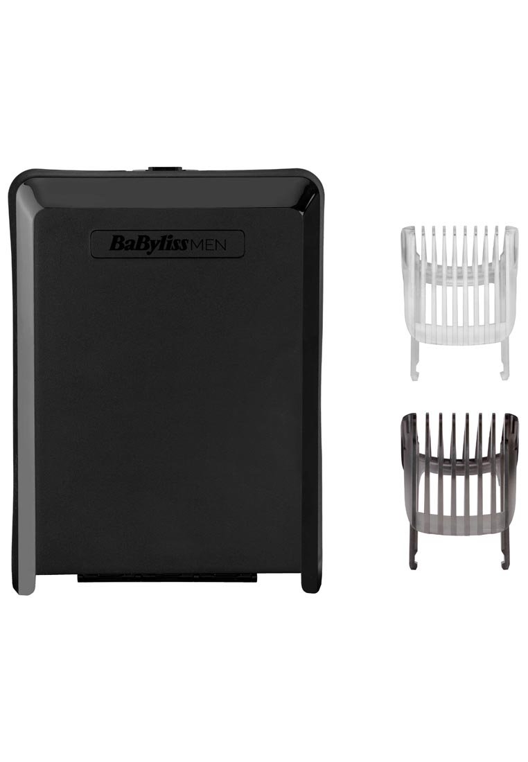 Cortadora de cabello negra con un acabado mate suave, que presenta un logo. Dos accesorios: un peine transparente y un peine más oscuro con dientes espaciados.