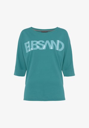 Teal cotton t-shirt with a boat neckline, three-quarter sleeves, and a large, light blue "ELBSAND" printed graphic on the front.