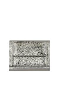 Metallic silver wallet with textured finish, featuring a front pocket flap and stitched edges. Compact rectangular shape.