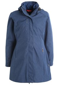 Veste bleue mi-longue à capuche avec manches longues, fermeture éclair avant cachée sous un rabat, et logo subtil Lafuma sur la poitrine et la poche.