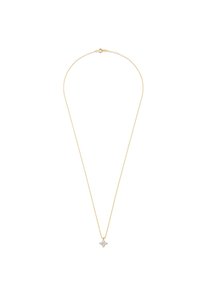 Gouden ketting met een dunne schakel en een kleine, diamantachtige stervormige hanger in het midden, met vier punten en fonkelende accenten.