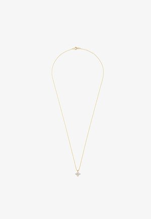 Gouden ketting met een dunne schakel en een kleine, diamantachtige stervormige hanger in het midden, met vier punten en fonkelende accenten.