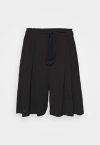 Shorts noirs plissés avec taille élastique et cordon de serrage, longueur genou, coupe ample.