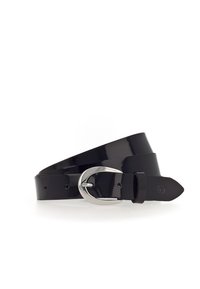 Black shiny leather belt with a rounded silver buckle, multiple adjustment holes, and a pointed tip, coiled on a white background.