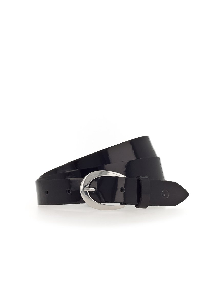 Black shiny leather belt with a rounded silver buckle, multiple adjustment holes, and a pointed tip, coiled on a white background.