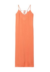 Oranges Spaghetti-Trägerkleid mit V-Ausschnitt, leichtem Stoff und einfacher Silhouette mit einer Bindefunktion am Rücken.
