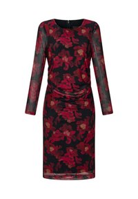 Langärmeliges Kleid mit schwarzem Grund, das mit einem rot-burgunderfarbenen Blumenmuster verziert ist. Geraffte Taillendetails und ein Reißverschlussverschluss auf der Rückseite.