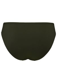 Tmavě zelené bikini spodní díl vyrobený z hladké látky. Má jednoduchý, nezdobený design se středně vysokým střihem a standardním šitím.