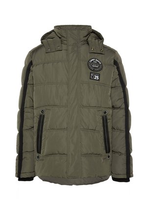 Olive green puffer jacket with a high collar, black accents, two zippered side pockets, and a logo patch on the upper left side.