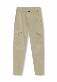 Beige cargo pants with a straight cut, made from lightweight fabric. Features multiple side pockets and a button closure at the waist.