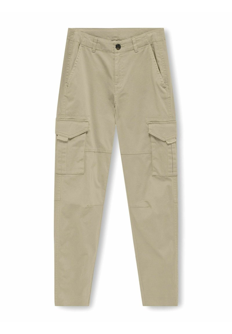 Beige cargo pants with a straight cut, made from lightweight fabric. Features multiple side pockets and a button closure at the waist.