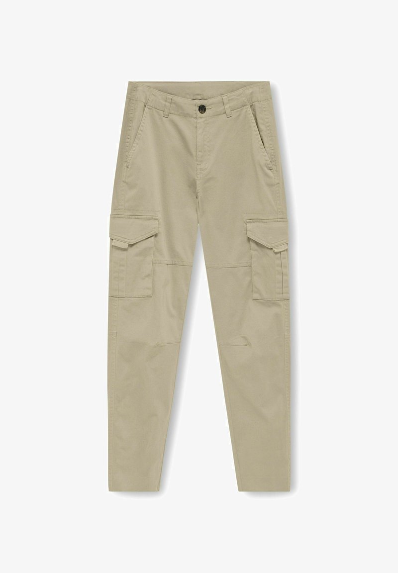 Beige cargo pants with a straight cut, made from lightweight fabric. Features multiple side pockets and a button closure at the waist.