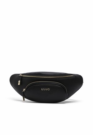 Banane en cuir noir avec deux poches à fermeture éclair dorée et le nom de la marque LIU·JO en lettres dorées sur la poche avant.