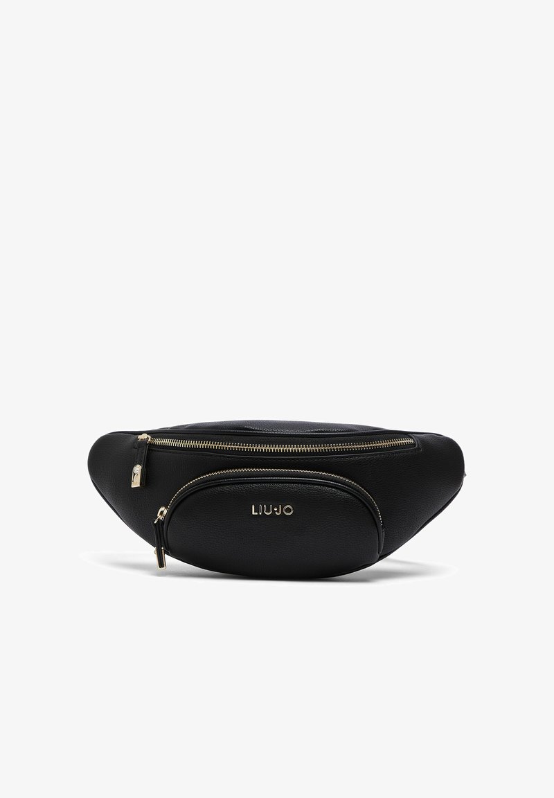 Banane en cuir noir avec deux poches à fermeture éclair dorée et le nom de la marque LIU·JO en lettres dorées sur la poche avant.