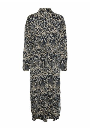 Morska haljina s ovratnikom, ukrašena cvjetnim uzorkom u krem boji. Dugi rukavi, širok kroj i bočni prorez na rubu. Fleksibilna tkanina.