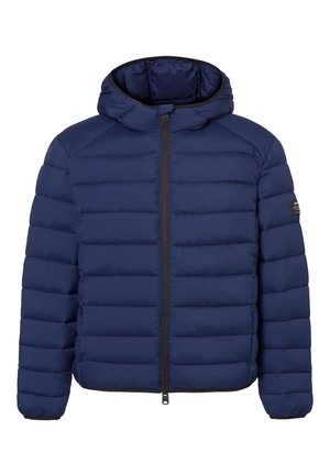 Chaqueta acolchada horizontal en azul marino con capucha, cremallera completa en el frente, bolsillos laterales y puños elásticos.