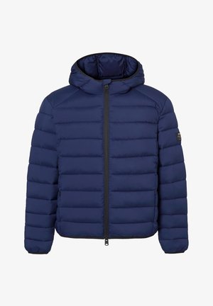 Laivastonsininen vaakasuunnassa tikattu toppatakki hupulla, vetoketjullinen edestä, sivutaskut ja joustavat hihansuut.