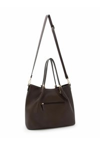 Sac à main en cuir marron texturé avec deux poignées et une bandoulière réglable. Comprend une poche zippée à l'avant et des accents en métal doré.