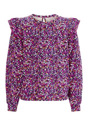 Langærmet bluse med lilla, pink, hvidt og orange blomsterprint, flæseærmer og knaplukning bagpå.